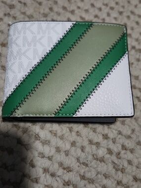 Michael Kors White Card Holder with Dark & Light Green Stripes